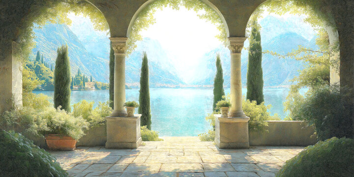Nostalgic Painted Lake Terrace with Classical Arches and Mountain View