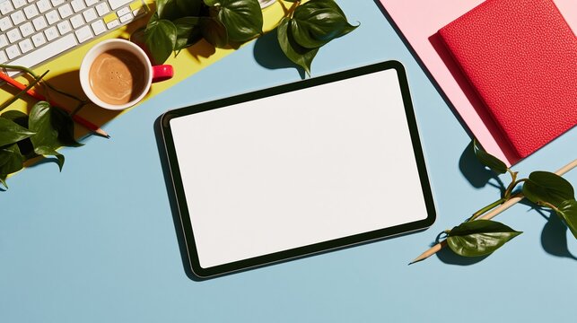 Tablet with a blank white screen on a colorful desk, surrounded by a coffee cup, notebook, and green leaves for app mockups and advertising copy space
