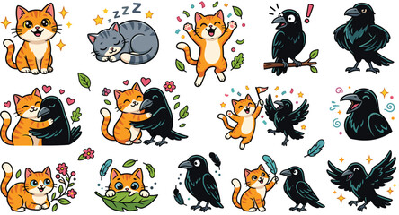 Fototapeta premium Colorful cartoon sticker collection with funny kitty and crow showing various moods like happy sleeping hugging and dancing isolated