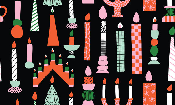 Seamless pattern with candles ornament on black background. Colorful doodle dopamine Christmas candle collection in red, green, and pink colors. Modern design, candlestick,. Wrapping paper, textile.