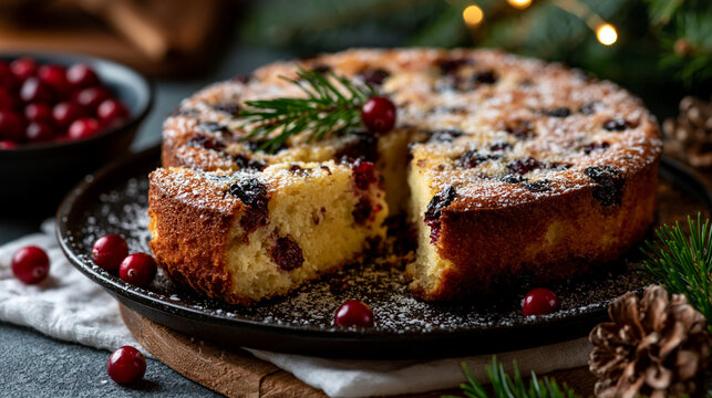 Delicious homemade cranberry cake on dark plate decorated with berries and pinecones