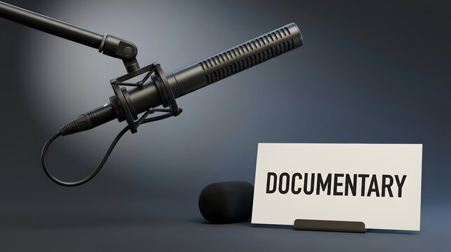 Documentary, microphone and sign in studio for film production, journalism and media interview. Audio recording, boom mic and card for broadcasting, cinematography and movie making equipment setup