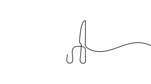 Continuous line art fork and knife animation reveals cutlery icon white background motion graphics