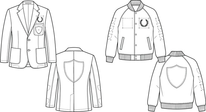 Vector flat sketch template of mens blazer and varsity bomber jacket front and back views