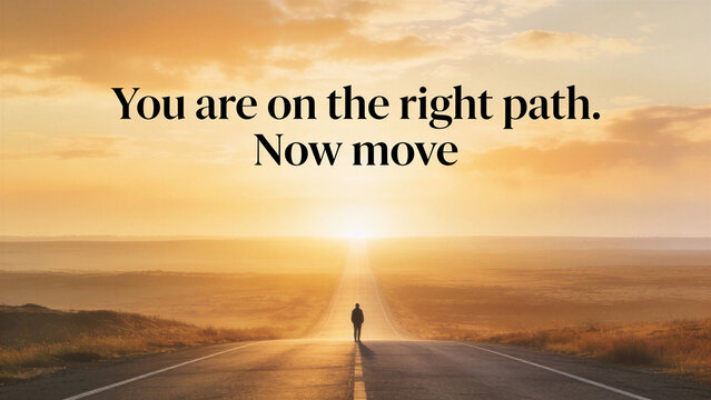 Silhouette of a person standing on a long highway at golden sunset with text quote "You are on the right path. Now move". Motivational quotes on taking action.