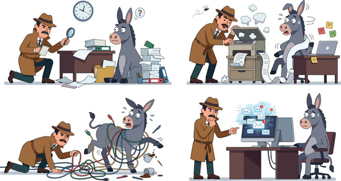 Funny detective investigating office IT technical problems and data security issues with a confused stressed donkey vector illustration