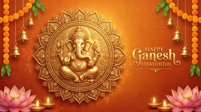 Happy ganesh chaturthi festival poster with lord ganesha with marigold flowers traditional