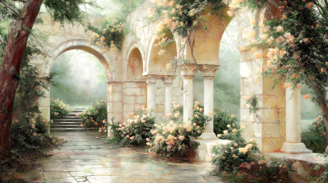 Dreamy Classical Garden Ruins with Flowering Arches