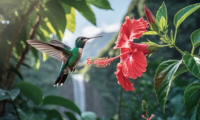 Naklejka premium A hummingbird hovers near a vibrant hibiscus flower, with a waterfall in the background. Lush, tropical greenery surrounds the scene