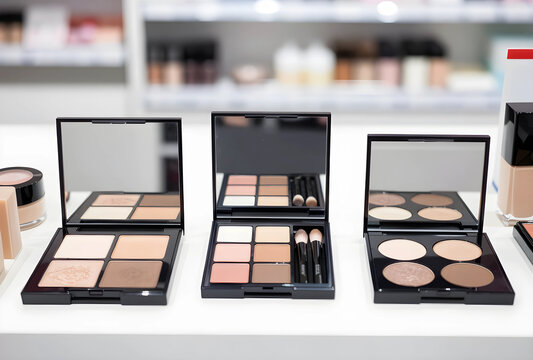 Cosmetics and beauty products display, makeup palettes with mirrors and brushes on a white counter in a store