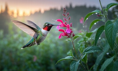 Naklejka premium A hummingbird hovers near a vibrant pink flower in a lush garden at sunrise