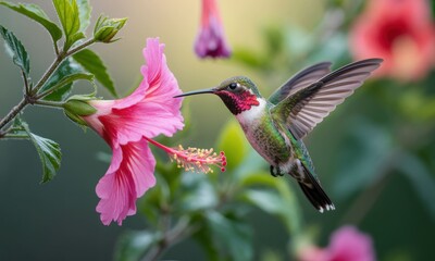 Naklejka premium A hummingbird hovers near a vibrant pink hibiscus flower, wings outstretched. Soft focus on the background with other blossoms