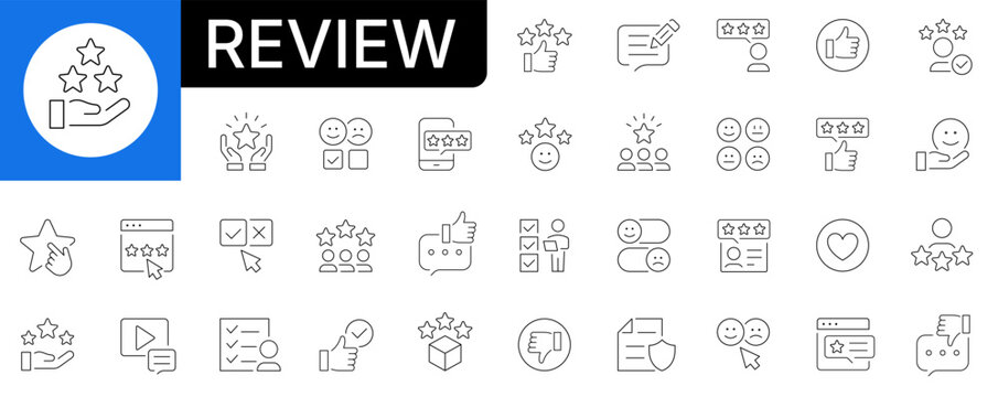Customer review and star rating line icon set. Feedback evaluation, client satisfaction, experience test and testimonial outline symbols. Editable stroke.