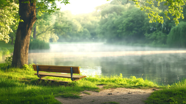 Peaceful Lakeside Bench Under Sunlit Tree in Green Park