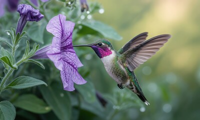 Naklejka premium A hummingbird hovers near a vibrant purple flower
