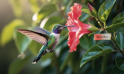 Naklejka premium A hummingbird hovers near a vibrant red hibiscus flower. Sunlight filters through foliage