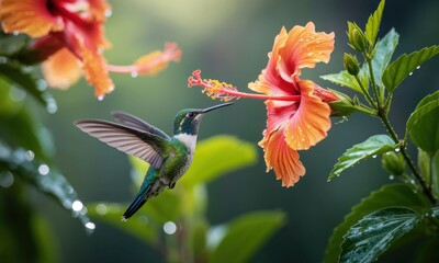 Naklejka premium A hummingbird hovers near vibrant hibiscus flowers