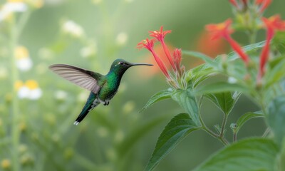 Naklejka premium A hummingbird in flight, feeding from a vibrant flower