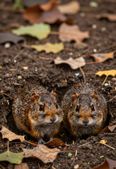 Naklejka premium Wildlife and nature conservation, two cute agouti rodents peeking out of a burrow in the ground with autumn leaves