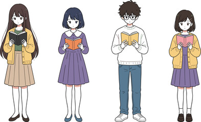 Cute Anime Style Students Reading Books Character Vector Set for School Libraries Literacy Campaigns Bookstores and Youth Education Designs