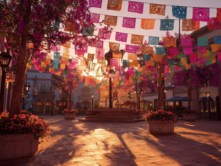 Fototapeta premium Festive Mexican town square decorated for Independence Day, colorful lanterns, papel picado across the plaza, flower installations, empty square, sunset lighting, ultra realistic, no people