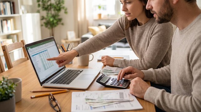 Married Couple Budgeting Together with Laptop and Calculator Photo - couple budgeting, financial planning, laptop, calculator, home finance, married couple, family budget, bills and receipts