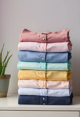 Fototapeta premium Sustainable fashion and capsule wardrobe concept, neatly folded pastel shirts stack with plant on dresser