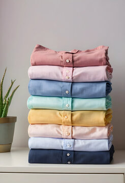Sustainable fashion and capsule wardrobe concept, neatly folded pastel shirts stack with plant on dresser