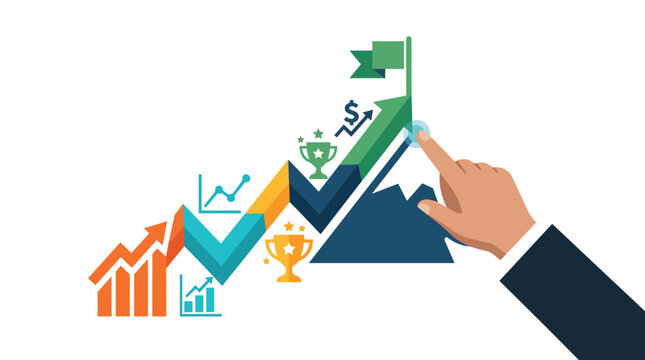 Business success growth arrow and mountain peak objective achievement flat vector illustration for corporate performance benchmarking