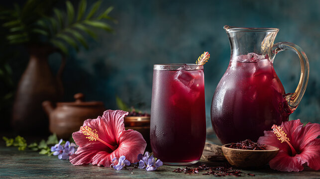 Fresh agua fresca made with hibiscus served in elegant glass pitchers with patriotic decorations, premium beverage photography, no alcohol, no people