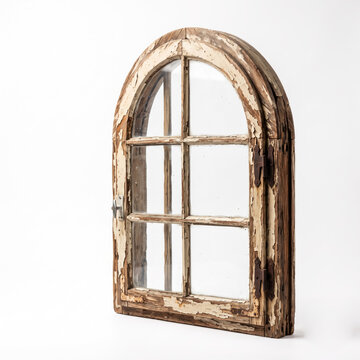 Antique arched window frame reveals weathered wood texture