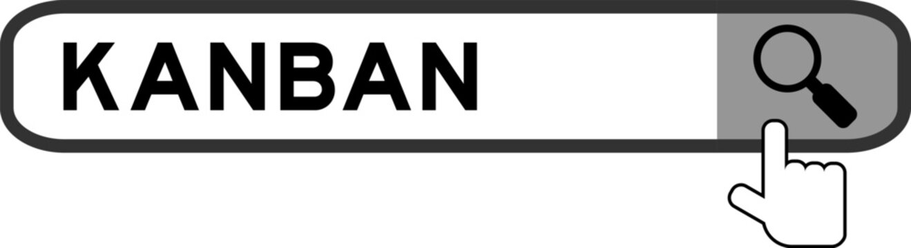 Search banner in word kanban with hand over magnifier icon on white background