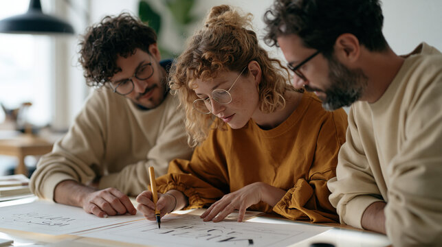 Two typography designers sit close together in early morning studio mist reviewing large printed letterform sheets, couple collaboration in design career, font kerning discussion,