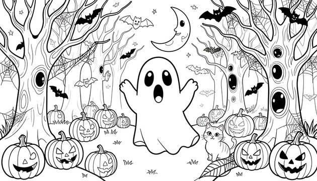 A wide-eyed ghost stands in a crowded haunted forest surrounded by smiling jack-o'-lanterns for Halloween activity sheets, created with generative ai.
