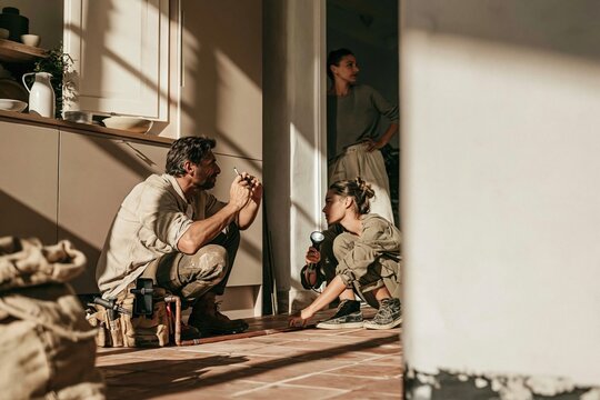 Latino plumber and apprentice niece inspecting a copper pipe in a sunlit kitchen, natural and professional for home repair and family business