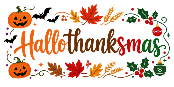 Hallothanksmas typography banner with pumpkins fall autumn leaves wheat stalks bats holly berries and christmas ornaments seasonal holiday illustration isolated PNG with Transparent Background