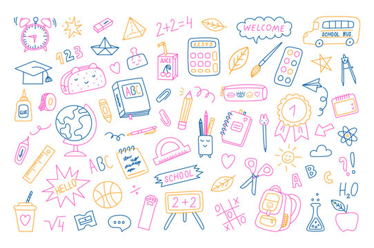 Back to school colorful  hand drawn doodle set, vector