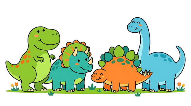 Cute cartoon dinosaurs standing together on a grassy field