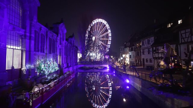 Colmar Christmas Ferris Wheel Canal Reflection Night .Filmed on 17 December 2025