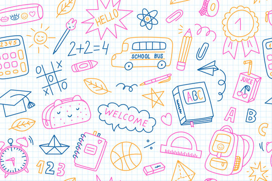 Hand drawn colorful back to school doodle seamless pattern, vector
