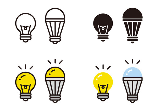 LED電球のアイコン。電球からLEDへの交換。照明や省エネのイラスト。LED light bulb icon.