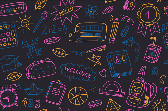Hand drawn colorful back to school doodle seamless pattern, vector