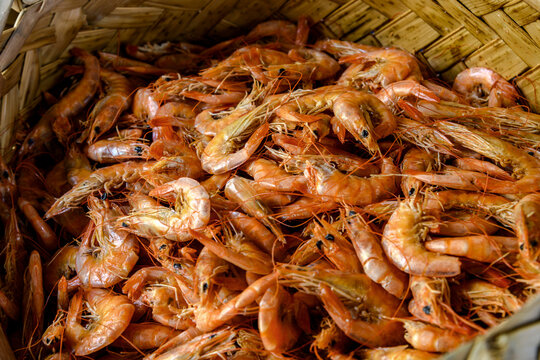 Straw basket with shrimp for sale at the Tulhas Market in the historic center of Sao Luis, Maranhao.