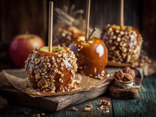 Fototapeta premium Fresh caramel apples coated with glossy caramel and chopped nuts on rustic wooden table, Halloween party decorations, premium food photography, no humans