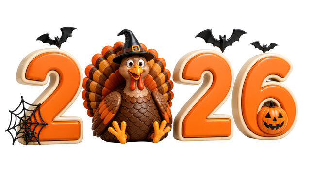 Happy thanksgiving 2026 3d number sign with cute turkey wearing witch hat spider web bats and jack o lantern pumpkin isolated PNG with Transparent Background