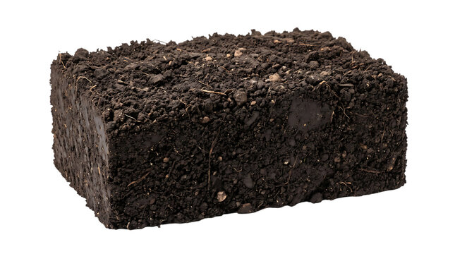A rectangular block of dark fertile garden soil isolated on transparent background