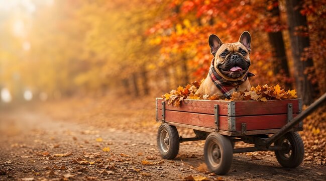 Happy dog riding in a wagon along an autumn forest path