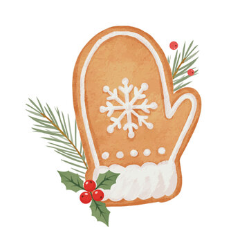 Watercolor Christmas Gingerbread Mitten Cookie with Snowflake, Holly and Pine Branches