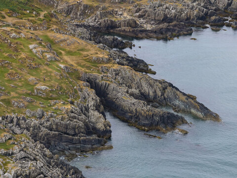 Aerial view of the rugged rocky coastline and cliffs with green grassy slopes meeting the sea in Clogherhead, County Louth, Ireland.