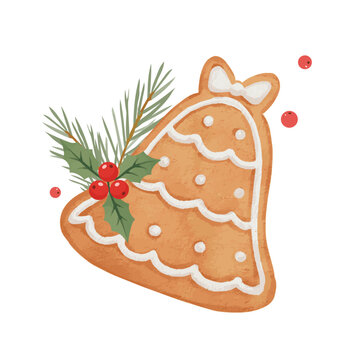 Watercolor Christmas Gingerbread Bell Cookie with Holly Berries and Fir Branches